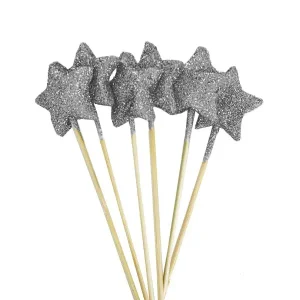 Silver Glitter Medium Stars on Stick Pack of 6